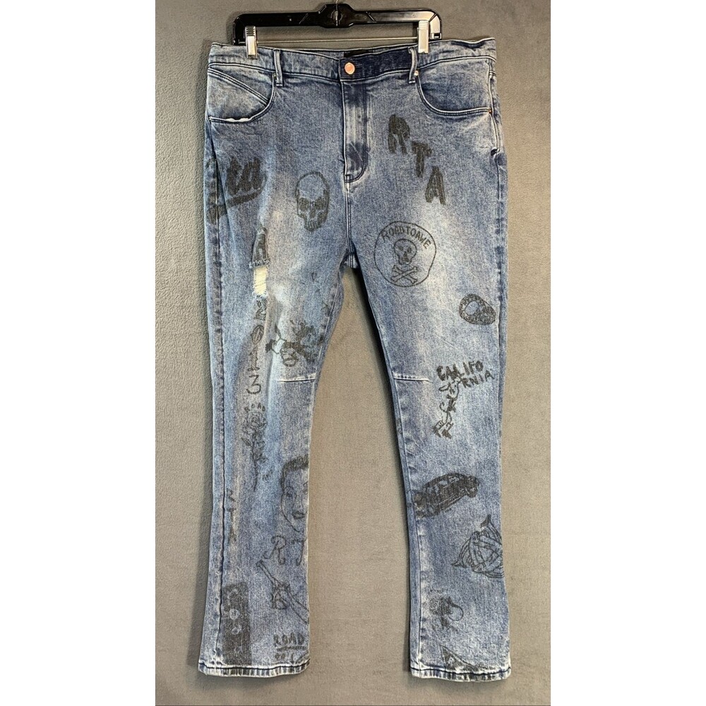 RtA Road to Awe Mens Bryant Distressed Graffiti Jeans Size 38 Light Blue Stretch